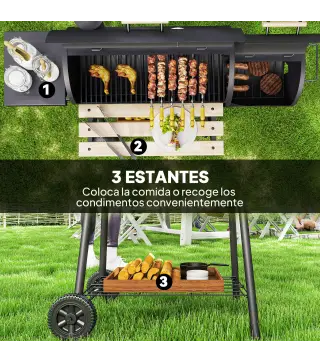 Barbacoa de Carbón 3 en 1 Ahumador Parilla de Carbón Barbacoa de BBQ 124x53x104 cm con Termómetro y Ruedas Estantes