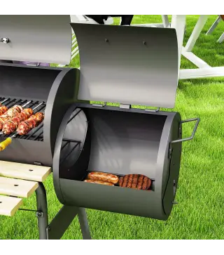 Barbacoa de Carbón 3 en 1 Ahumador Parilla de Carbón Barbacoa de BBQ 124x53x104 cm con Termómetro y Ruedas Estantes