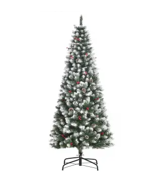 Árbol de Navidad Artificial de 180cm 618 Ramas Bayas y Piñas Puntas Nevadas Decoración Navideña de Interior Verde