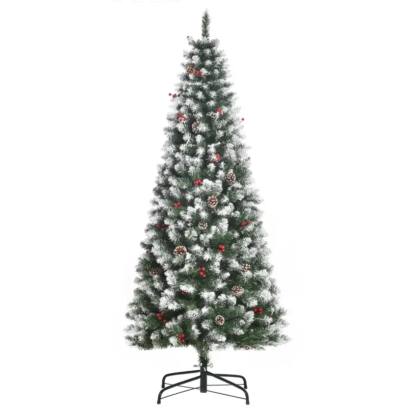 Árbol de Navidad Artificial de 180cm 618 Ramas Bayas y Piñas Puntas Nevadas Decoración Navideña de Interior Verde