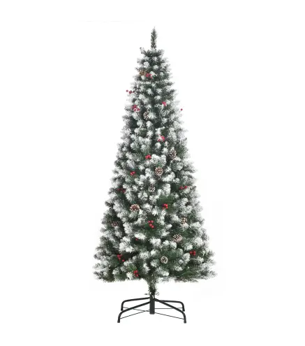 Árbol de Navidad Artificial de 180cm 618 Ramas Bayas y Piñas Puntas Nevadas Decoración Navideña de Interior Verde
