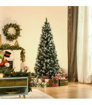 Árbol de Navidad Artificial de 180cm 618 Ramas Bayas y Piñas Puntas Nevadas Decoración Navideña de Interior Verde