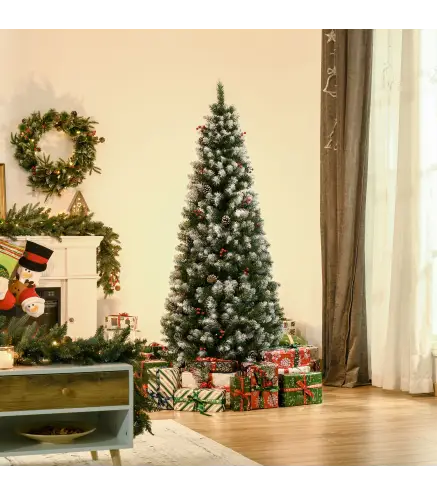 Árbol de Navidad Artificial de 180cm 618 Ramas Bayas y Piñas Puntas Nevadas Decoración Navideña de Interior Verde