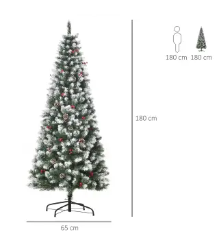 Árbol de Navidad Artificial de 180cm 618 Ramas Bayas y Piñas Puntas Nevadas Decoración Navideña de Interior Verde