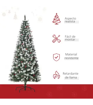 Árbol de Navidad Artificial de 180cm 618 Ramas Bayas y Piñas Puntas Nevadas Decoración Navideña de Interior Verde