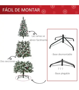 Árbol de Navidad Artificial de 180cm 618 Ramas Bayas y Piñas Puntas Nevadas Decoración Navideña de Interior Verde