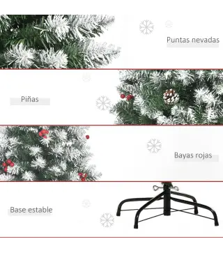 Árbol de Navidad Artificial de 180cm 618 Ramas Bayas y Piñas Puntas Nevadas Decoración Navideña de Interior Verde
