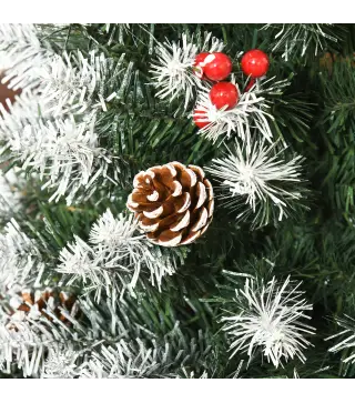 Árbol de Navidad Artificial de 180cm 618 Ramas Bayas y Piñas Puntas Nevadas Decoración Navideña de Interior Verde