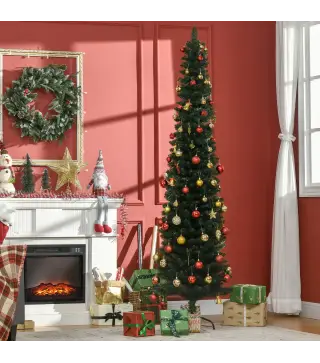 Árbol de Navidad Artificial Estrecho 210 cm con 510 Ramas, Base Plegable y Soporte Metálico Fácil Montaje Verde