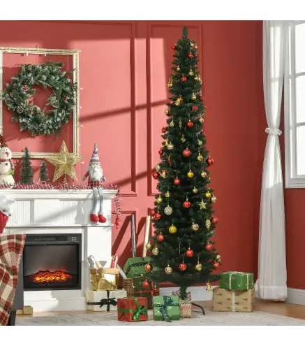Árbol de Navidad Artificial Estrecho 210 cm con 510 Ramas, Base Plegable y Soporte Metálico Fácil Montaje Verde