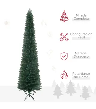 Árbol de Navidad Artificial Estrecho 210 cm con 510 Ramas, Base Plegable y Soporte Metálico Fácil Montaje Verde