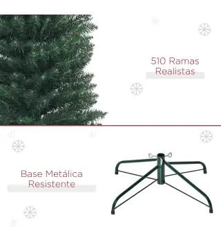 Árbol de Navidad Artificial Estrecho 210 cm con 510 Ramas, Base Plegable y Soporte Metálico Fácil Montaje Verde