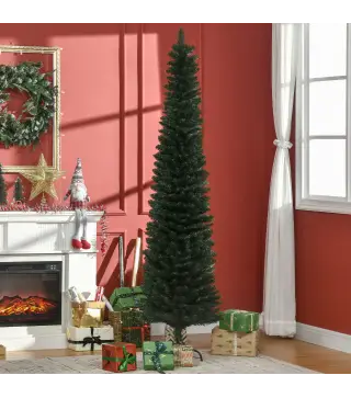 Árbol de Navidad Artificial Estrecho 210 cm con 510 Ramas, Base Plegable y Soporte Metálico Fácil Montaje Verde