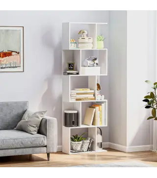 Estantería Librería de 5 Niveles en Forma de S con 10 Estantes para Dormitorio Estudio Oficina 60x24x184,5 cm Blanco