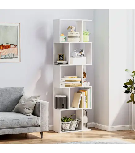 Estantería Librería de 5 Niveles en Forma de S con 10 Estantes para Dormitorio Estudio Oficina 60x24x184,5 cm Blanco