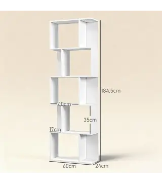 Estantería Librería de 5 Niveles en Forma de S con 10 Estantes para Dormitorio Estudio Oficina 60x24x184,5 cm Blanco