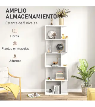 Estantería Librería de 5 Niveles en Forma de S con 10 Estantes para Dormitorio Estudio Oficina 60x24x184,5 cm Blanco