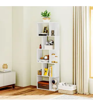 Estantería Librería de 5 Niveles en Forma de S con 10 Estantes para Dormitorio Estudio Oficina 60x24x184,5 cm Blanco