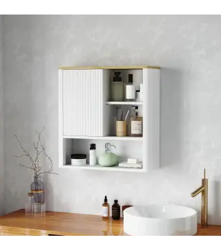 Armario de Baño de Pared con Puerta Corredera 5 Compartimentos y Estantes Ajustables 60x20x62 cm Blanco