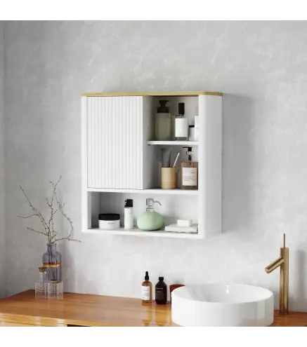 Armario de Baño de Pared con Puerta Corredera 5 Compartimentos y Estantes Ajustables 60x20x62 cm Blanco