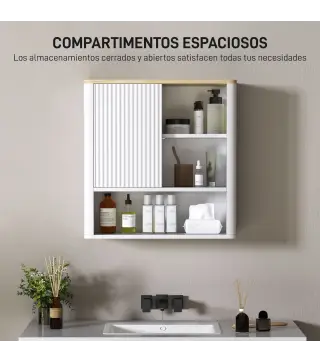 Armario de Baño de Pared con Puerta Corredera 5 Compartimentos y Estantes Ajustables 60x20x62 cm Blanco