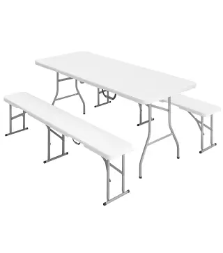 Conjunto de Camping Plegable de Mesa y Bancos Asas para Exterior 180x74x74 cm y 182x28x42 cm Blanco