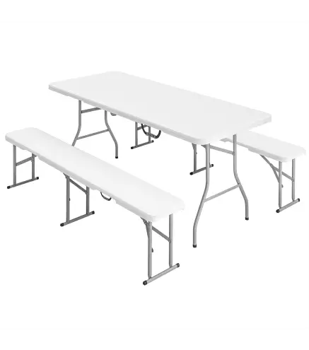 Conjunto de Camping Plegable de Mesa y Bancos Asas para Exterior 180x74x74 cm y 182x28x42 cm Blanco