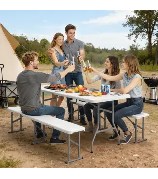 Conjunto de Camping Plegable de Mesa y Bancos Asas para Exterior 180x74x74 cm y 182x28x42 cm Blanco