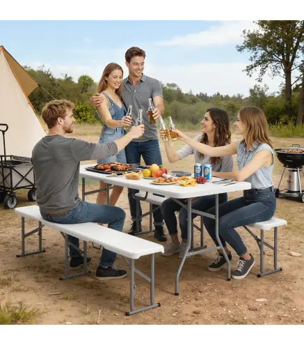 Conjunto de Camping Plegable de Mesa y Bancos Asas para Exterior 180x74x74 cm y 182x28x42 cm Blanco