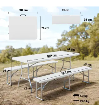 Conjunto de Camping Plegable de Mesa y Bancos Asas para Exterior 180x74x74 cm y 182x28x42 cm Blanco