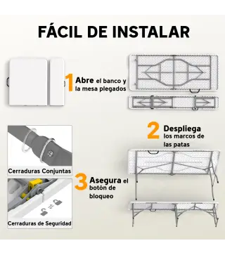 Conjunto de Camping Plegable de Mesa y Bancos Asas para Exterior 180x74x74 cm y 182x28x42 cm Blanco