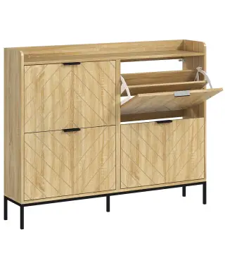 Zapatero Estrecho con 4 Cajones Abatibles y Superficie Elevada para 16 Pares de Zapatos para Espacios Reducidos Roble