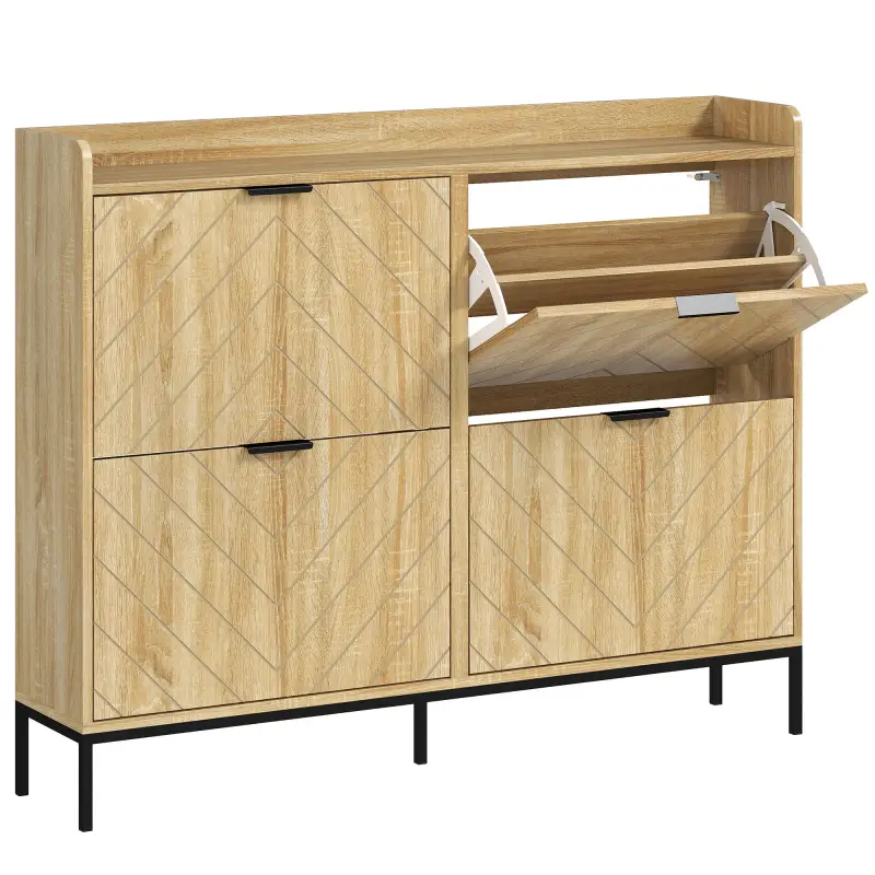 Zapatero Estrecho con 4 Cajones Abatibles y Superficie Elevada para 16 Pares de Zapatos para Espacios Reducidos Roble