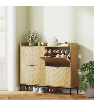 Zapatero Estrecho con 4 Cajones Abatibles y Superficie Elevada para 16 Pares de Zapatos para Espacios Reducidos Roble