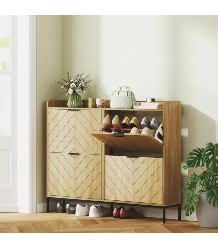 Zapatero Estrecho con 4 Cajones Abatibles y Superficie Elevada para 16 Pares de Zapatos para Espacios Reducidos Roble