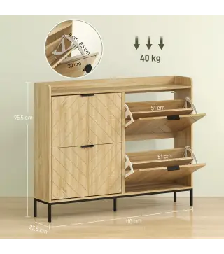 Zapatero Estrecho con 4 Cajones Abatibles y Superficie Elevada para 16 Pares de Zapatos para Espacios Reducidos Roble