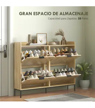 Zapatero Estrecho con 4 Cajones Abatibles y Superficie Elevada para 16 Pares de Zapatos para Espacios Reducidos Roble