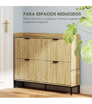 Zapatero Estrecho con 4 Cajones Abatibles y Superficie Elevada para 16 Pares de Zapatos para Espacios Reducidos Roble