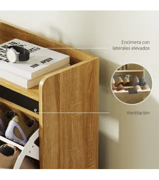 Zapatero Estrecho con 4 Cajones Abatibles y Superficie Elevada para 16 Pares de Zapatos para Espacios Reducidos Roble