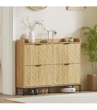 Zapatero Estrecho con 4 Cajones Abatibles y Superficie Elevada para 16 Pares de Zapatos para Espacios Reducidos Roble