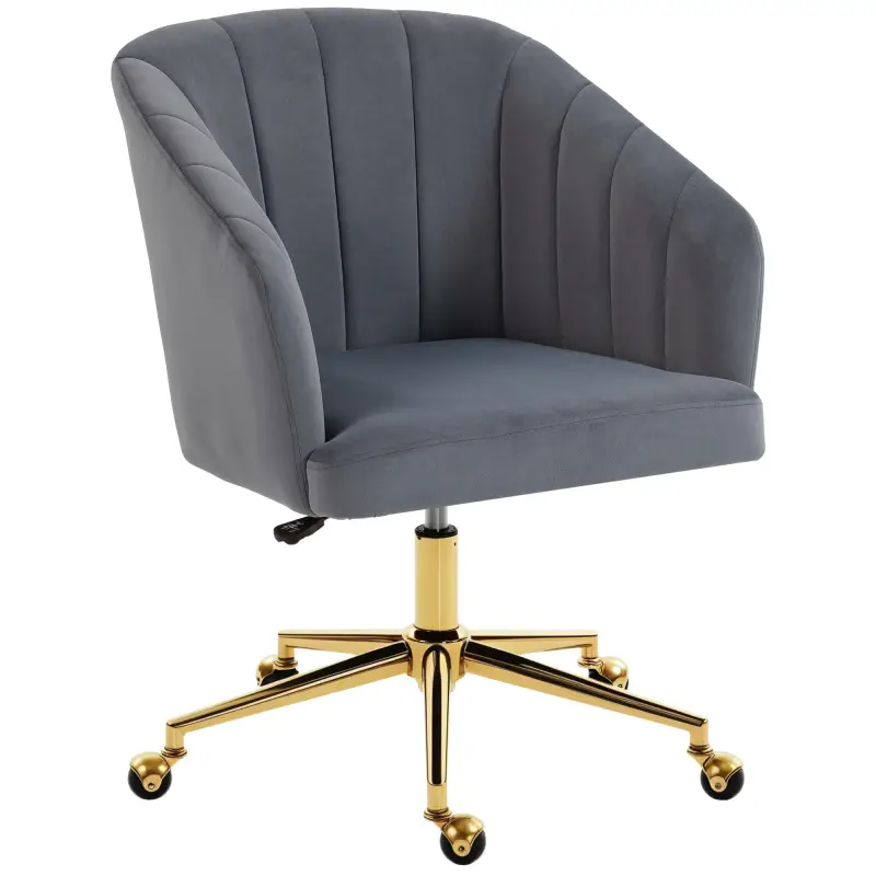 Silla de Oficina con Ruedas de Terciopelo con Respaldo Acolchado Altura Ajustable Espuma Alta Resiliencia Gris