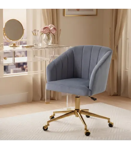 Silla de Oficina con Ruedas de Terciopelo con Respaldo Acolchado Altura Ajustable Espuma Alta Resiliencia Gris