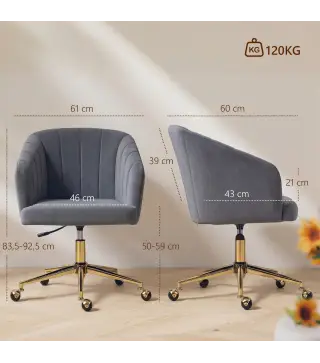 Silla de Oficina con Ruedas de Terciopelo con Respaldo Acolchado Altura Ajustable Espuma Alta Resiliencia Gris