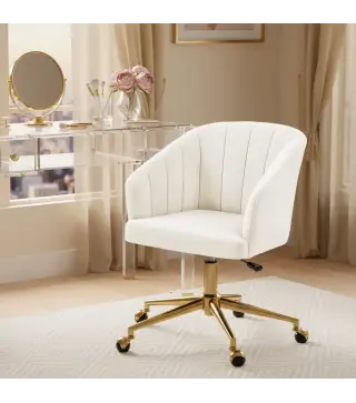 Silla de Oficina con Ruedas de Terciopelo con Respaldo Acolchado Altura Ajustable Espuma Alta Resiliencia Crema