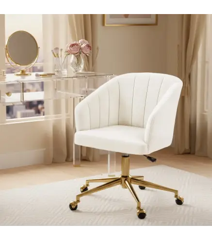 Silla de Oficina con Ruedas de Terciopelo con Respaldo Acolchado Altura Ajustable Espuma Alta Resiliencia Crema