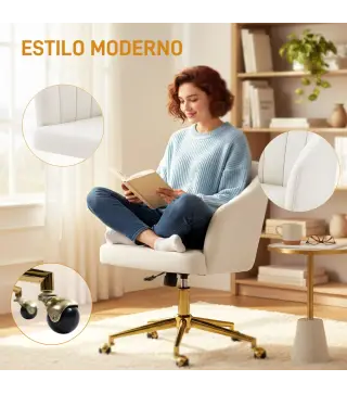 Silla de Oficina con Ruedas de Terciopelo con Respaldo Acolchado Altura Ajustable Espuma Alta Resiliencia Crema