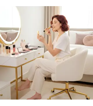 Silla de Oficina con Ruedas de Terciopelo con Respaldo Acolchado Altura Ajustable Espuma Alta Resiliencia Crema