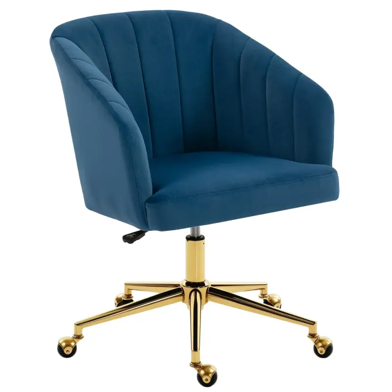 Silla de Oficina con Ruedas de Terciopelo con Respaldo Acolchado Altura Ajustable Espuma Alta Resiliencia Azul