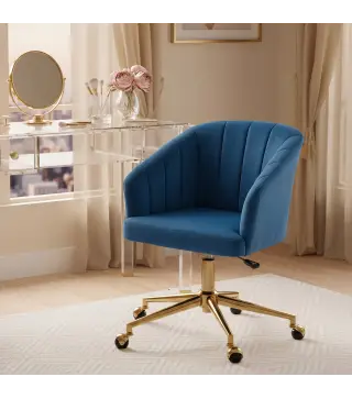 Silla de Oficina con Ruedas de Terciopelo con Respaldo Acolchado Altura Ajustable Espuma Alta Resiliencia Azul