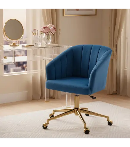 Silla de Oficina con Ruedas de Terciopelo con Respaldo Acolchado Altura Ajustable Espuma Alta Resiliencia Azul